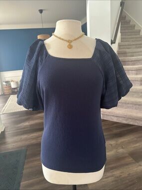 Anthropologie Navy Square Neck Puff Sleeve Top